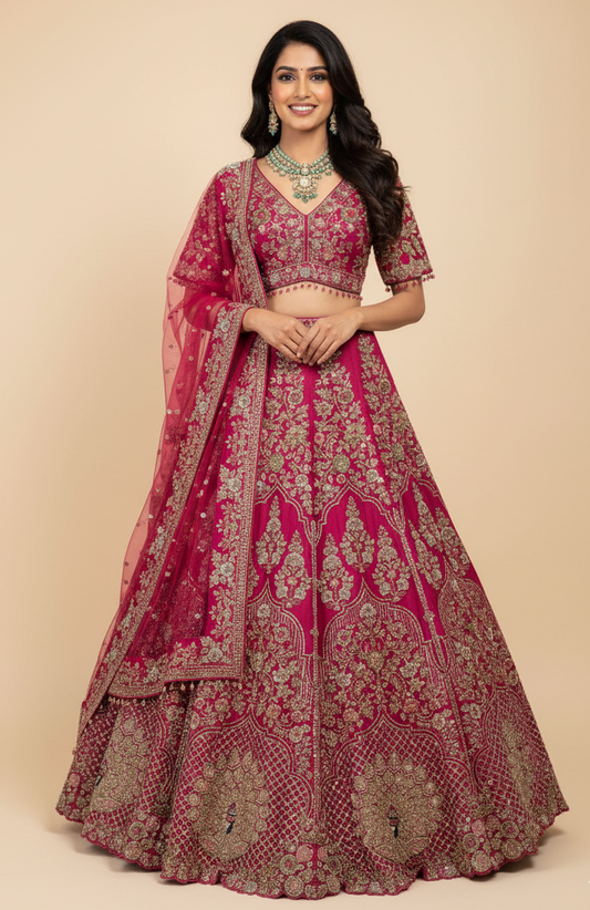 Rani pink lehenga with a matching heavy dupatta in raw silk, Nazranaa
