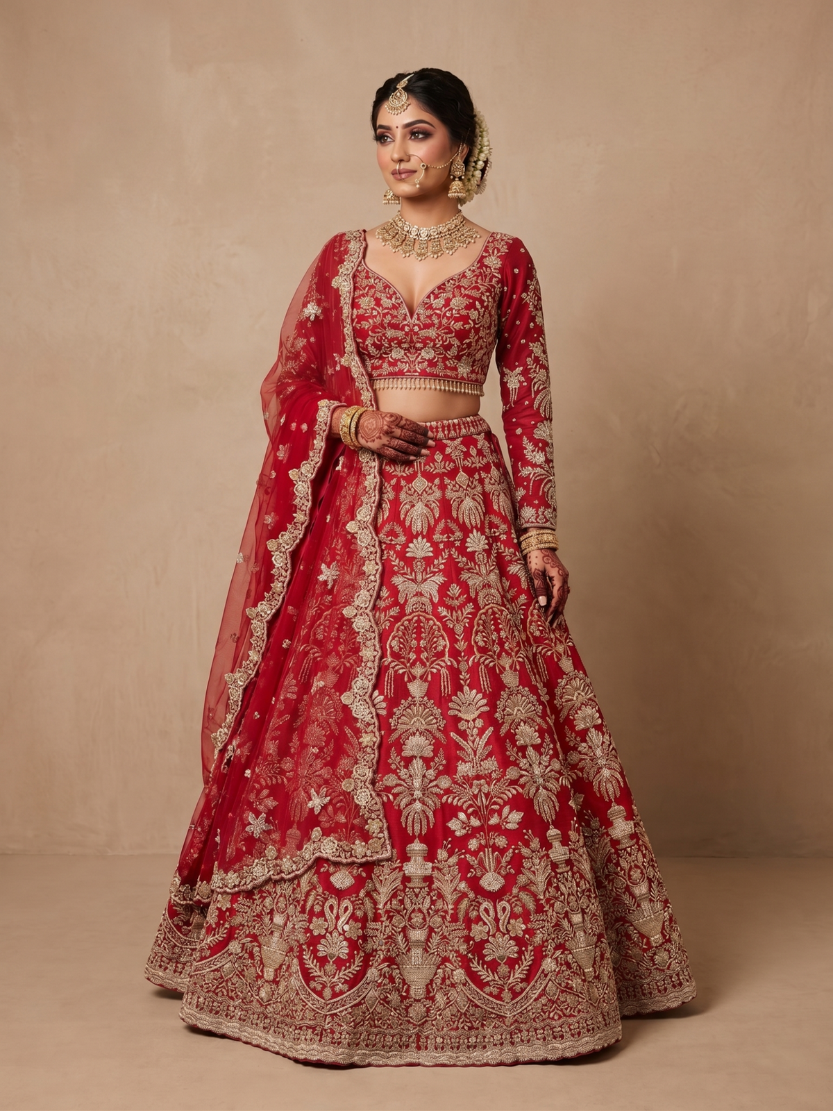 Red Raw Silk Intricate Designs Flowing Across The Lehenga