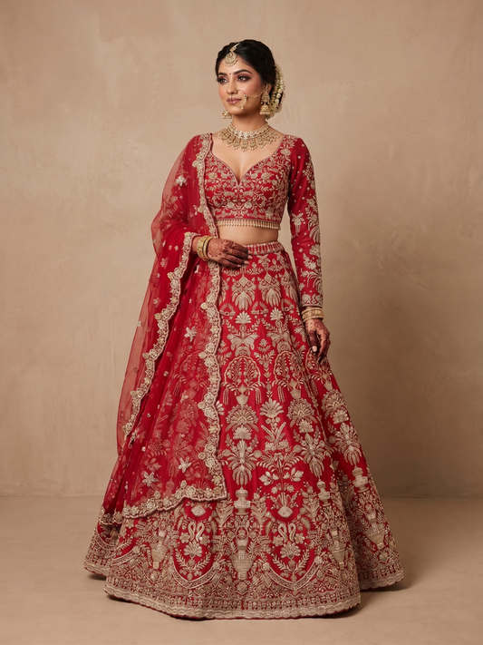 Red bridal lehenga with a stunning heavy blouse featuring elegant long sleeves in raw silk, Nazranaa