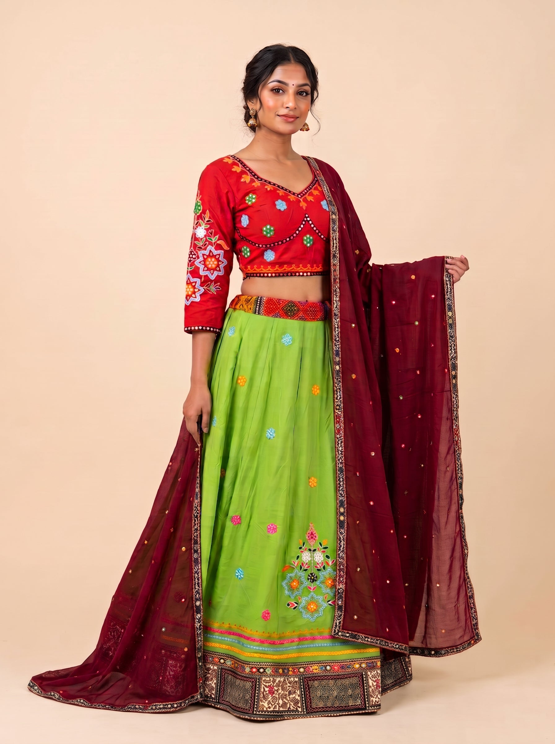 Vibrant Green and Red Navratri Lehenga - Green