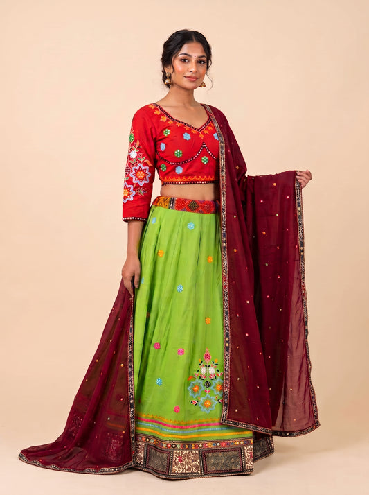 Vibrant Green and Red Navratri Lehenga