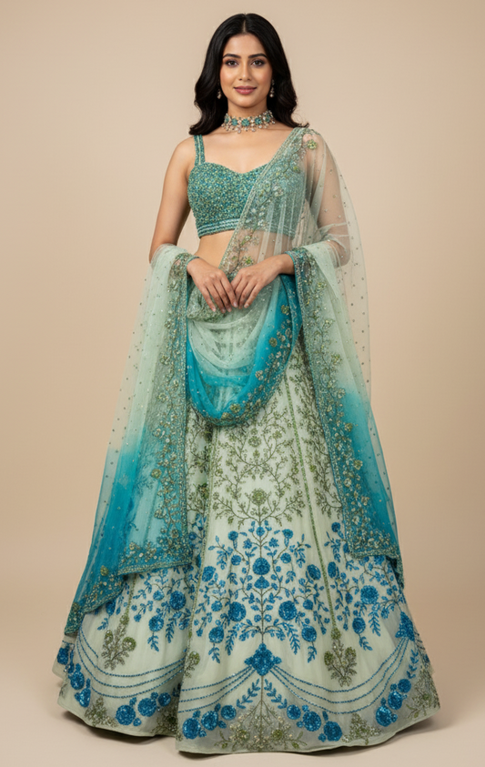 Sage green with mint and teal beading lehenga with a sleeveless blouse and ombre dupatta in organza, Nazranaa