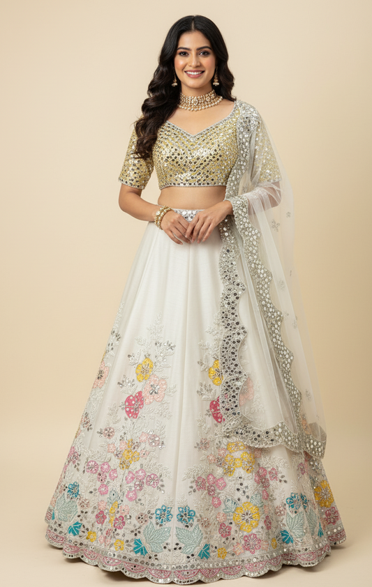 Seafoam lehenga with a blouse in raw silk, Nazranaa