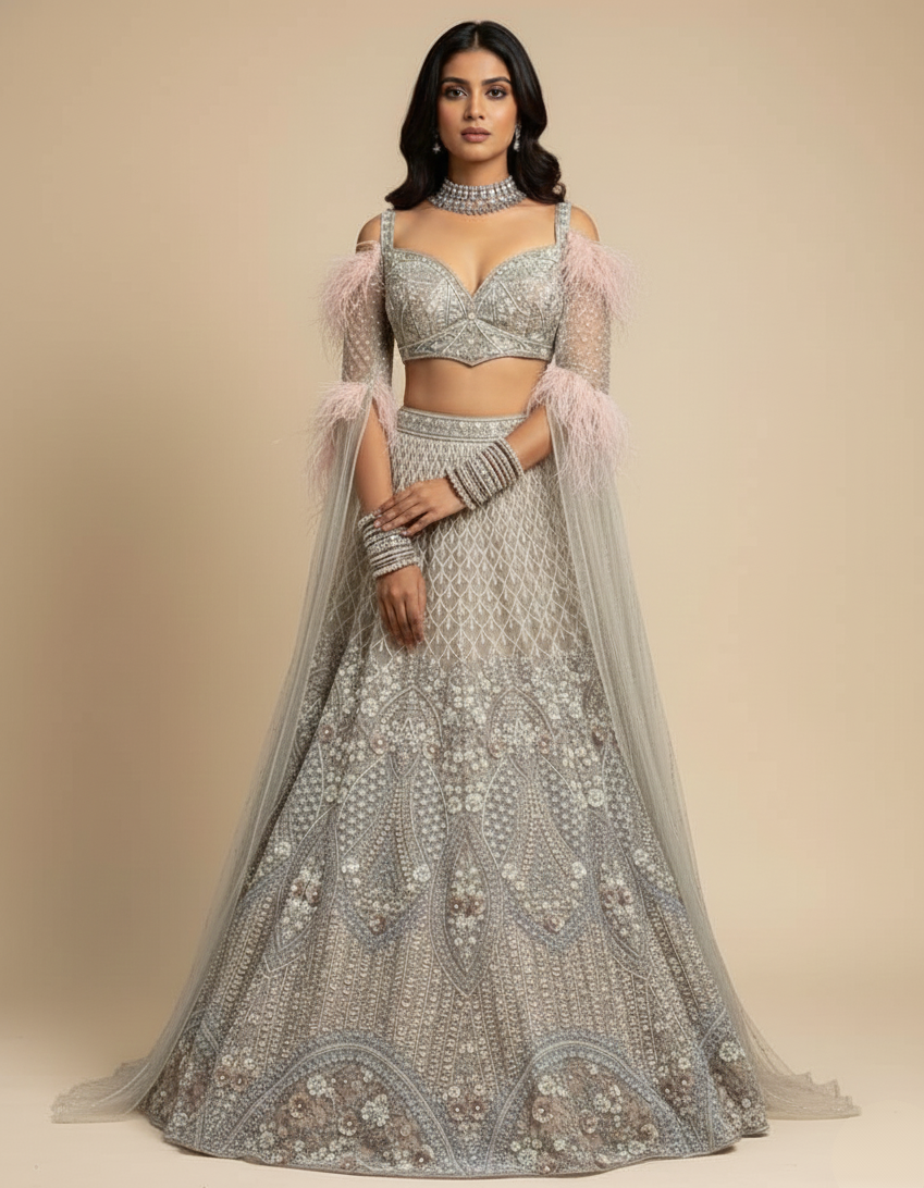 Silver Sequins And Pearls Lehenga