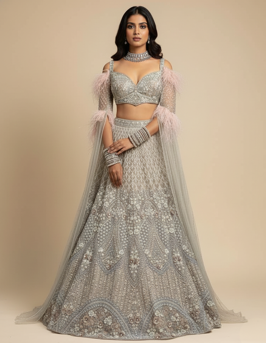 Silver bridal lehenga with a fitted blouse featuring a flattering neckline and sheer cape-style sleeves trimmed in feathers, paired with a flowing net dupatta, Nazranaa
