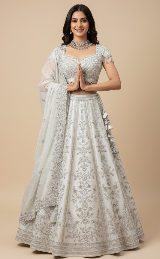 Silver lehenga in silk, Nazranaa
