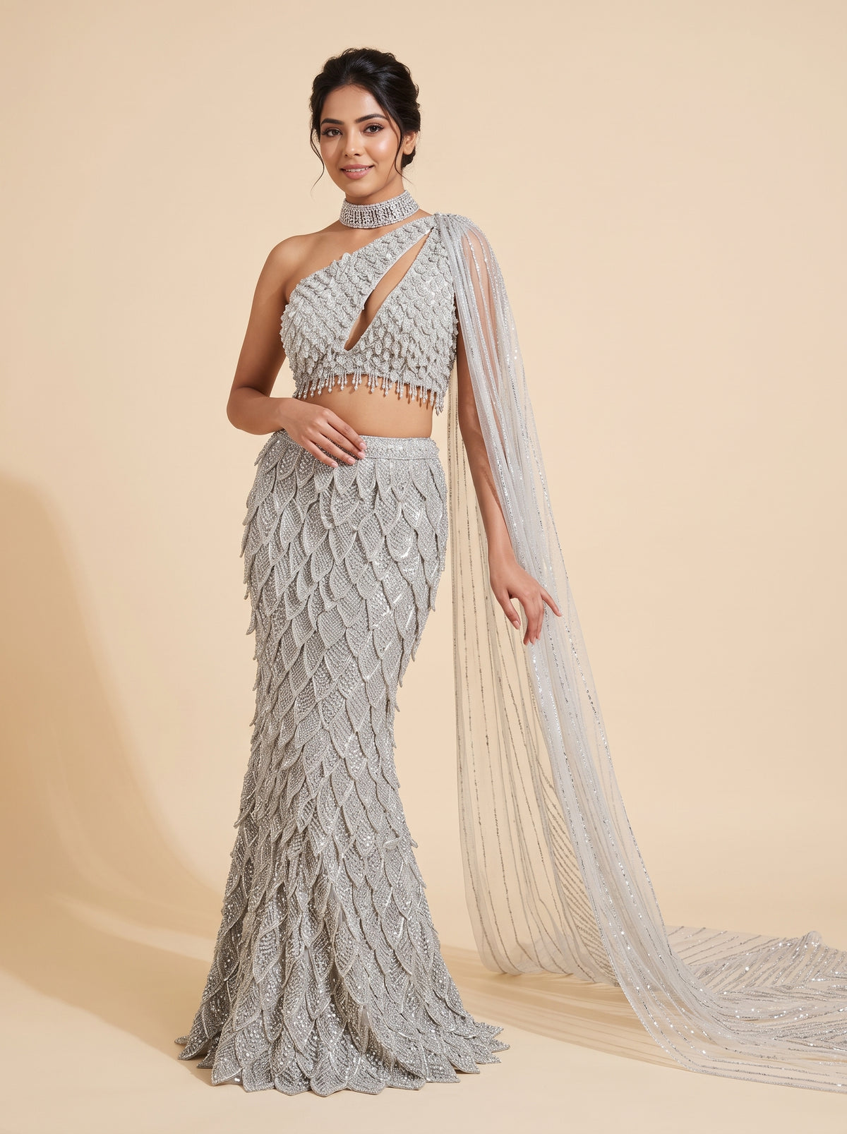 Silver color with silver crystals and appliqué work Mermaid Lehenga Cape Set