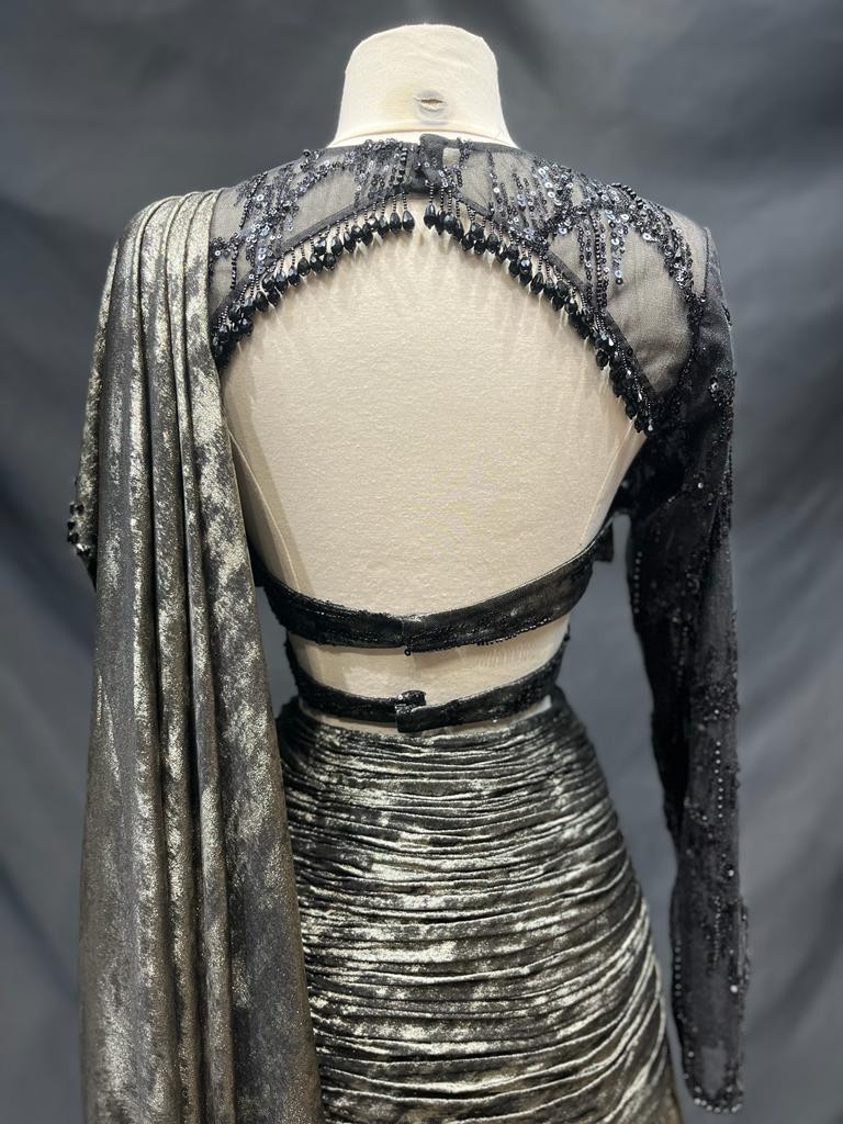 Gold Pre-Stitched Saree Gown with Black Lace Full Sleeves