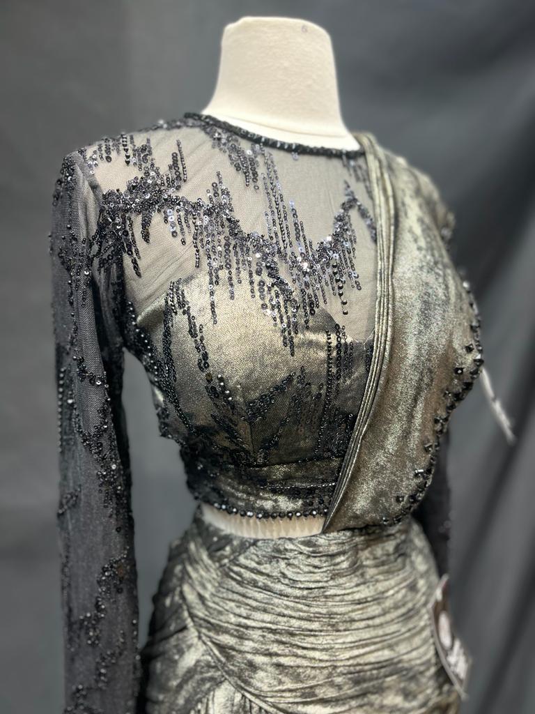 Gold Pre-Stitched Saree Gown with Black Lace Full Sleeves