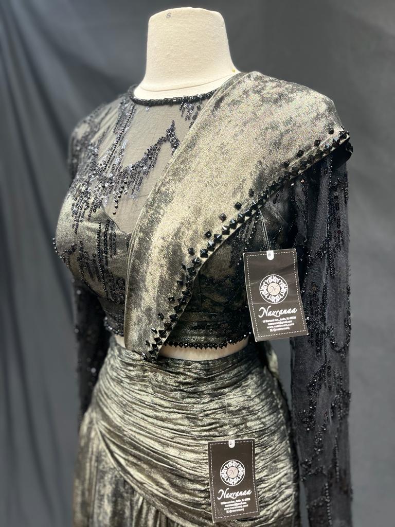 Gold Pre-Stitched Saree Gown with Black Lace Full Sleeves