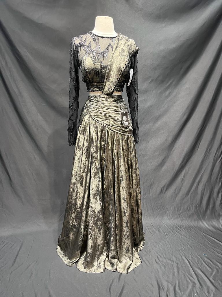Gold Pre-Stitched Saree Gown with Black Lace Full Sleeves