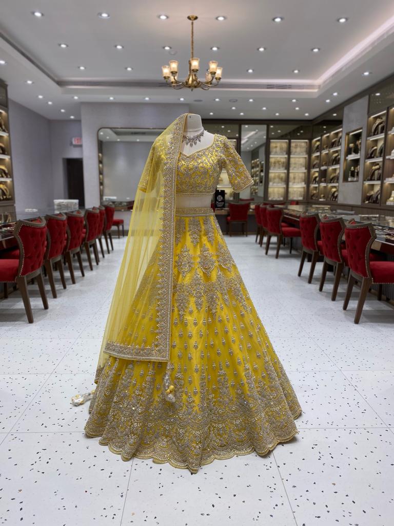 Captivating Yellow Thread and zari embroidered with mirror work art Silk  Semi Stitched wedding Lehenga - MEGHALYA - 3550812