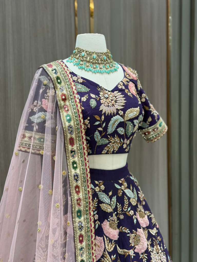 Deep Purple Bridal Lehenga with Multicolor Floral Embroidery and Blush Net Dupatta