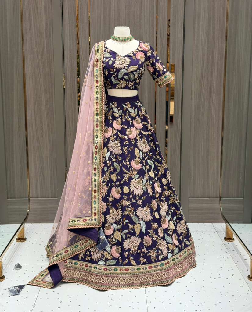 Deep Purple Bridal Lehenga with Multicolor Floral Embroidery and Blush Net Dupatta