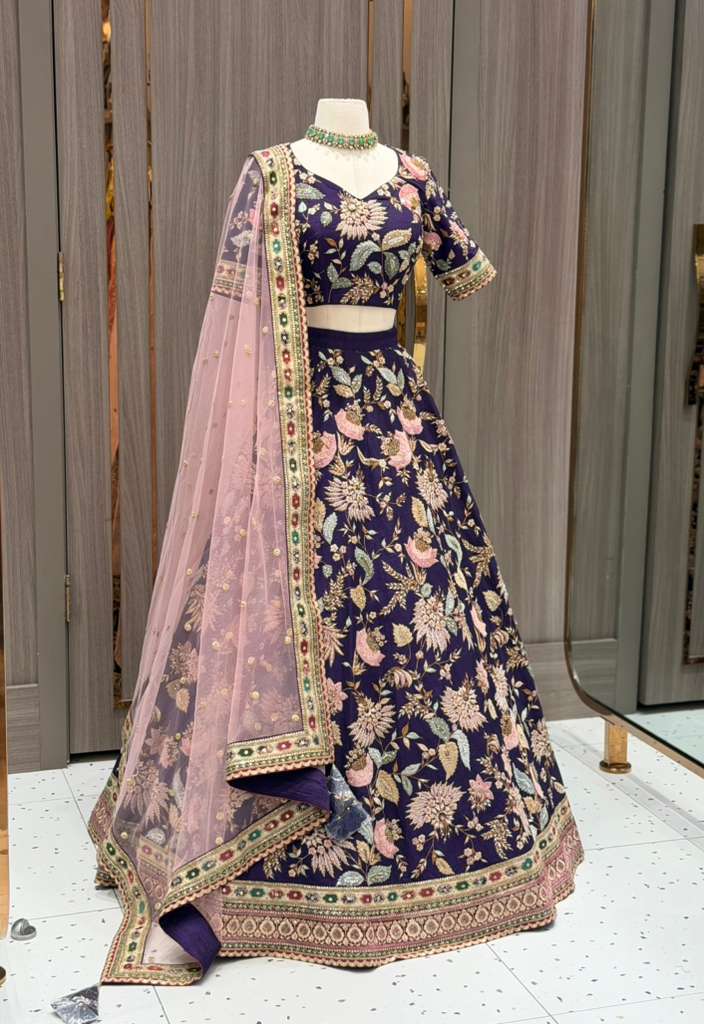 Deep Purple Bridal Lehenga with Multicolor Floral Embroidery and Blush Net Dupatta