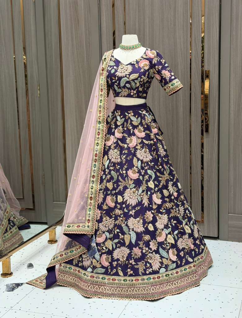Deep Purple Bridal Lehenga with Multicolor Floral Embroidery and Blush Net Dupatta