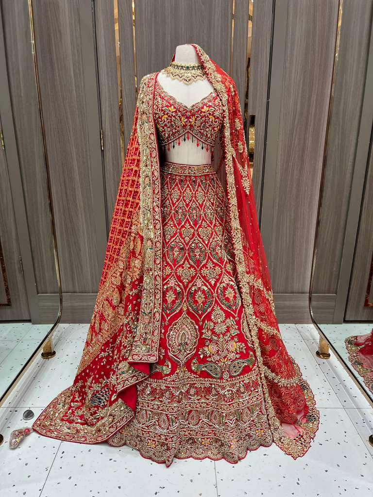 Red Bridal Lehenga with Gold Zari Border and Long Train Net Dupatta