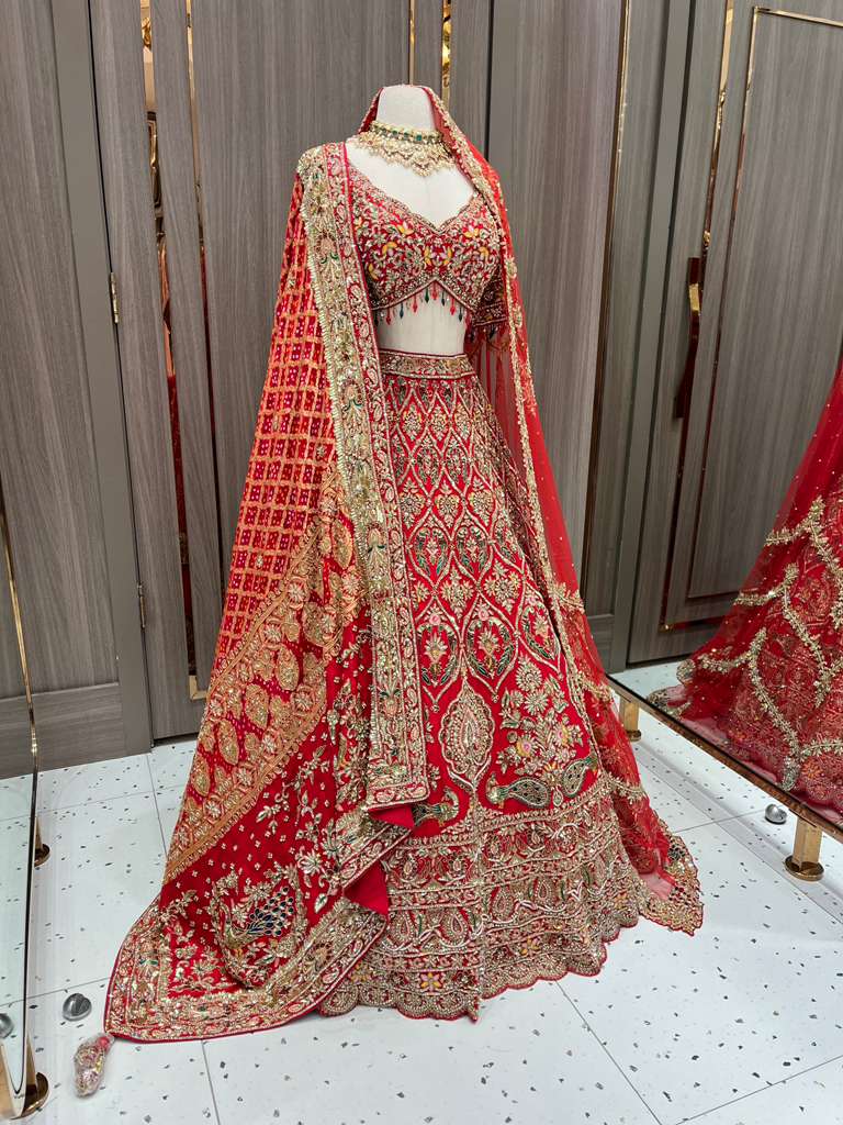 Red Bridal Lehenga with Gold Zari Border and Long Train Net Dupatta