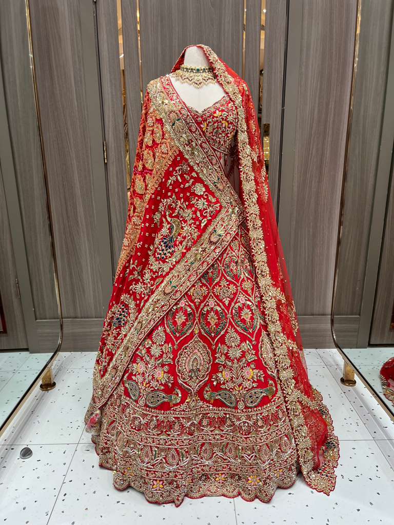 Red Bridal Lehenga with Gold Zari Border and Long Train Net Dupatta