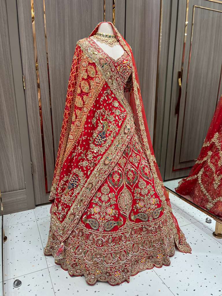 Red Bridal Lehenga with Gold Zari Border and Long Train Net Dupatta