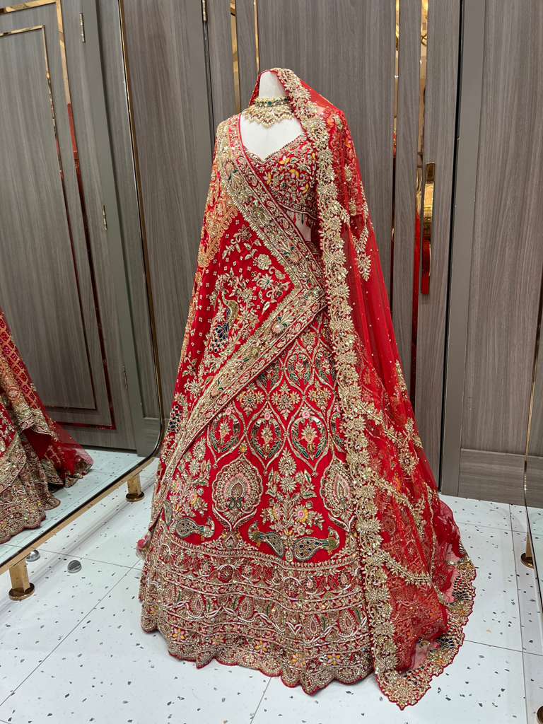 Red Bridal Lehenga with Gold Zari Border and Long Train Net Dupatta