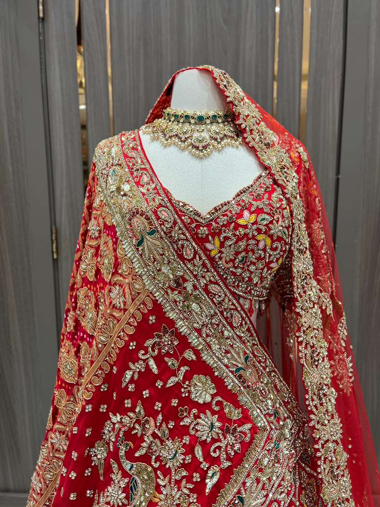 Red Bridal Lehenga with Gold Zari Border and Long Train Net Dupatta