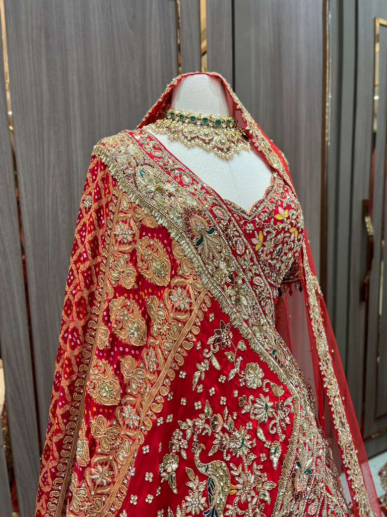 Red Bridal Lehenga with Gold Zari Border and Long Train Net Dupatta