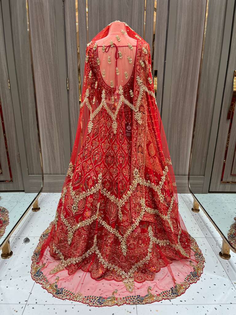 Red Bridal Lehenga with Gold Zari Border and Long Train Net Dupatta