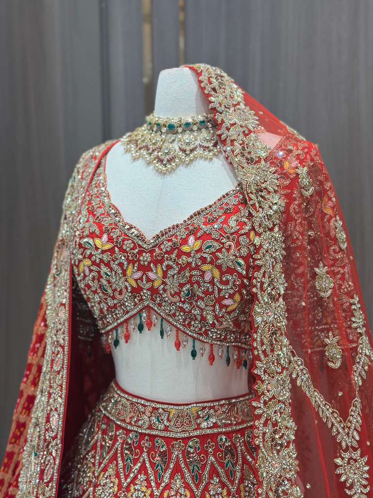 Red Bridal Lehenga with Gold Zari Border and Long Train Net Dupatta