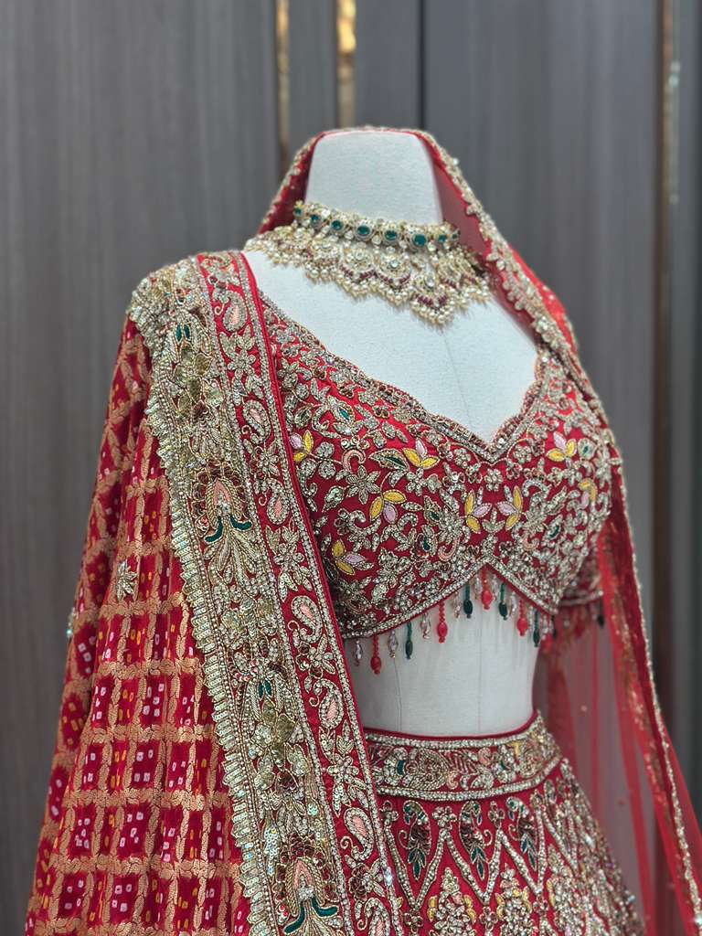 Red Bridal Lehenga with Gold Zari Border and Long Train Net Dupatta