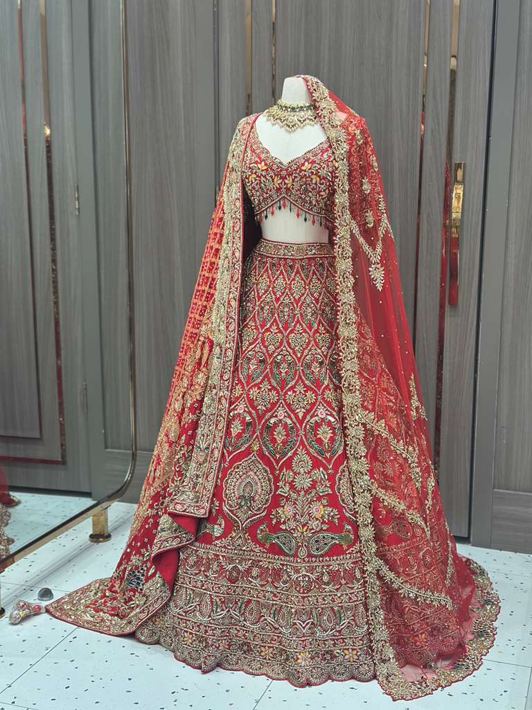 Red Bridal Lehenga with Gold Zari Border and Long Train Net Dupatta