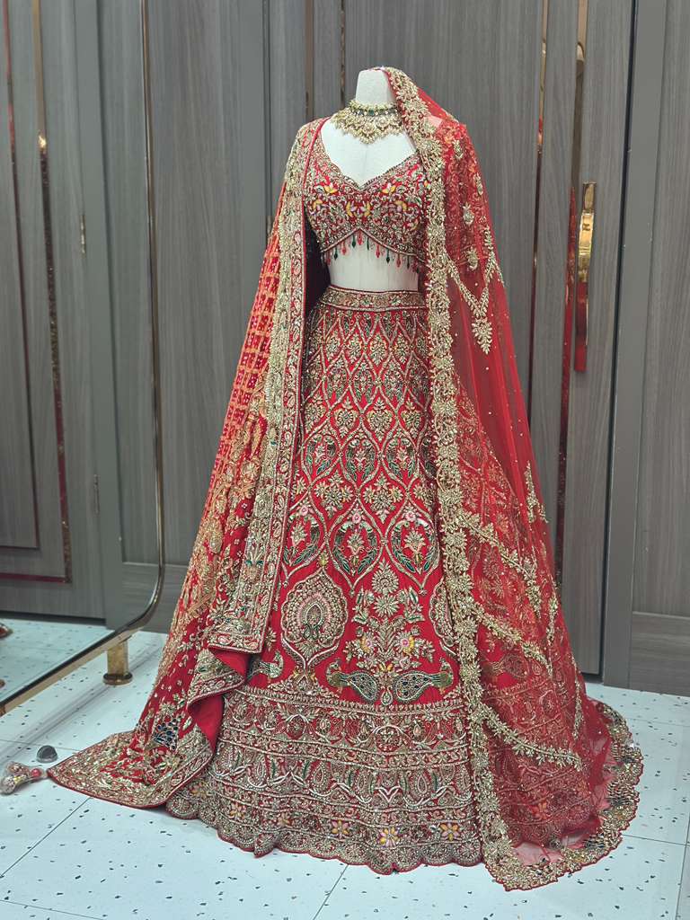Red Bridal Lehenga with Gold Zari Border and Long Train Net Dupatta