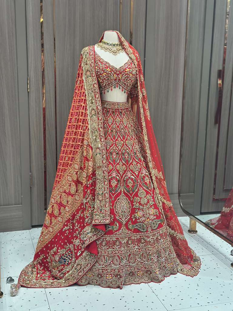Red Bridal Lehenga with Gold Zari Border and Long Train Net Dupatta