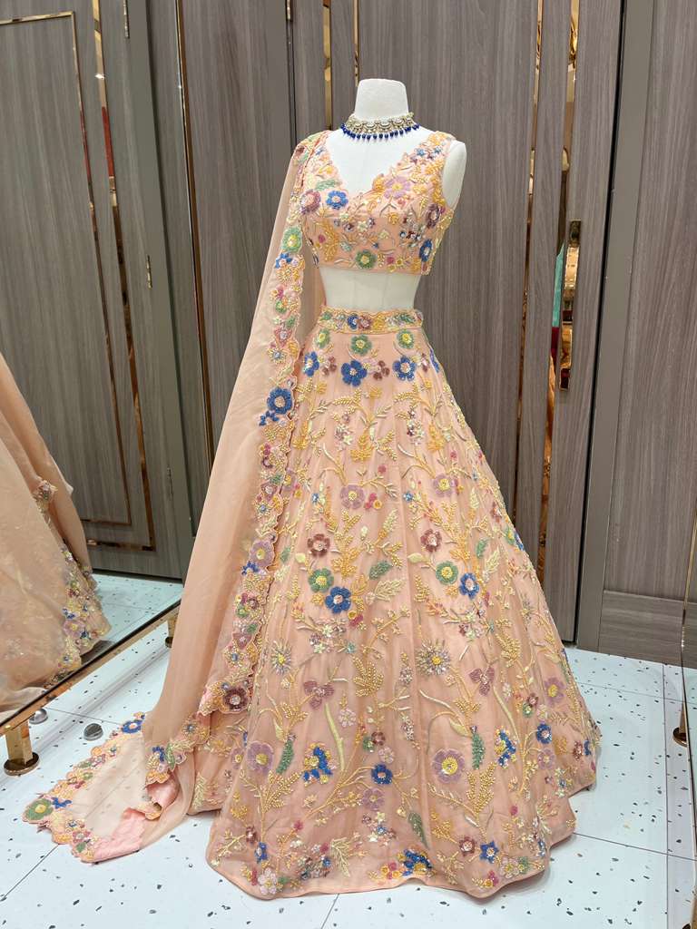 Peach Lehenga with Multicolor Floral Embroidery and Net Dupatta