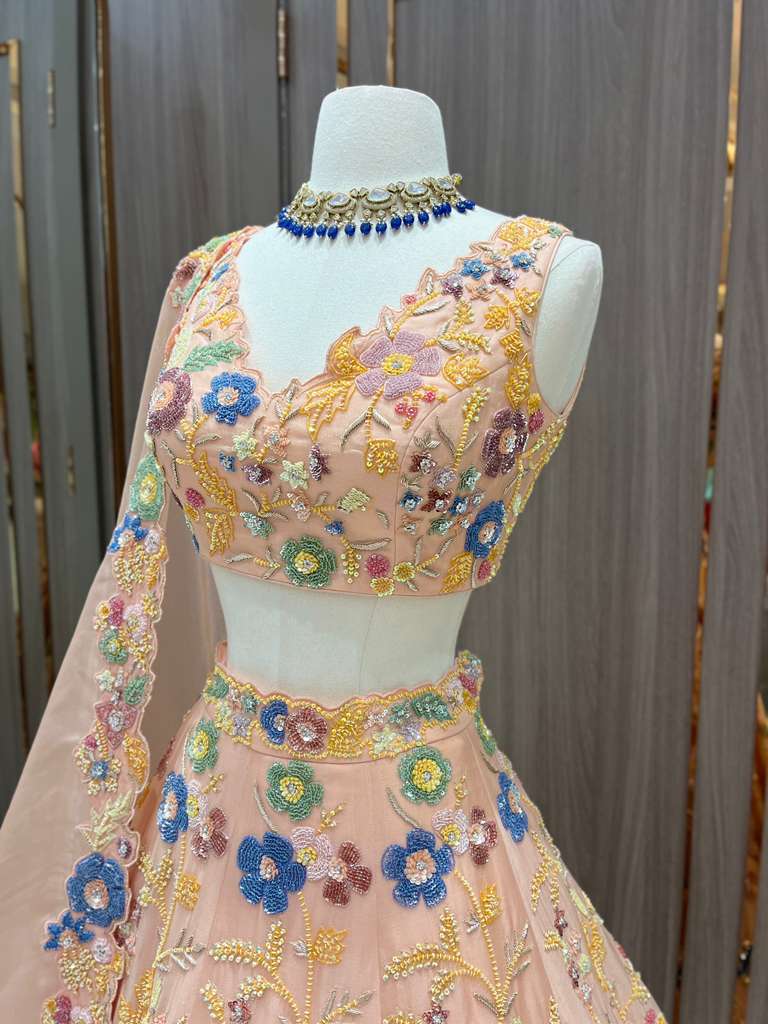Peach Lehenga with Multicolor Floral Embroidery and Net Dupatta