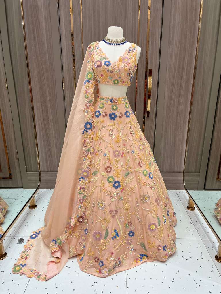 Peach Lehenga with Multicolor Floral Embroidery and Net Dupatta