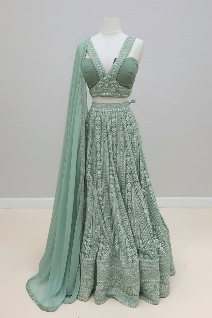 Sage Green Lehenga with Silver Embroidery and Drape Dupatta