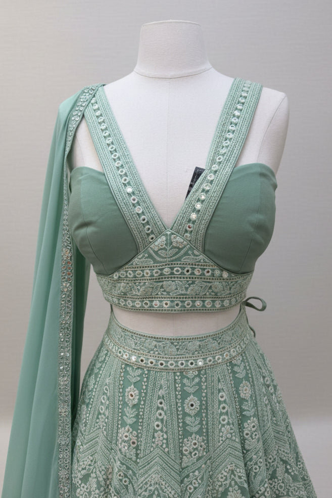 Sage Green Lehenga with Silver Embroidery and Drape Dupatta