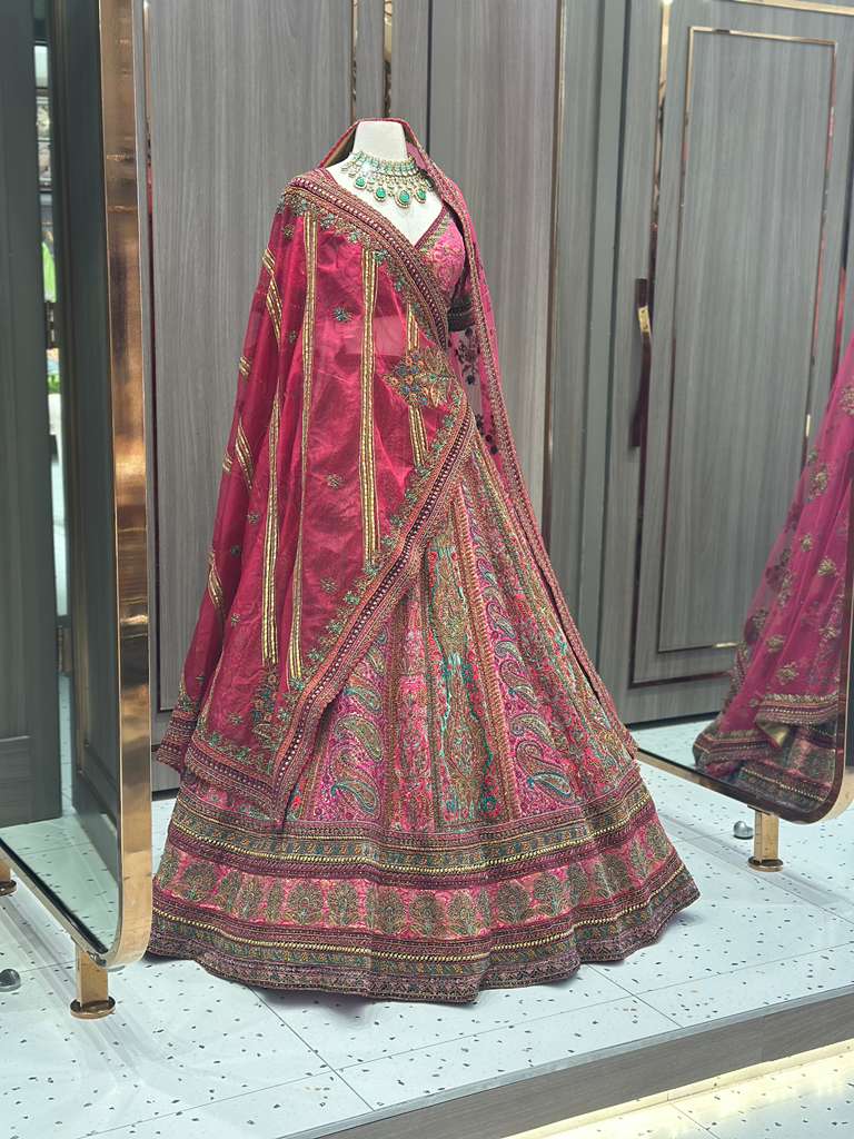 Magenta Pink Bridal Lehenga with Multicolor Embroidered Borders and Dupatta