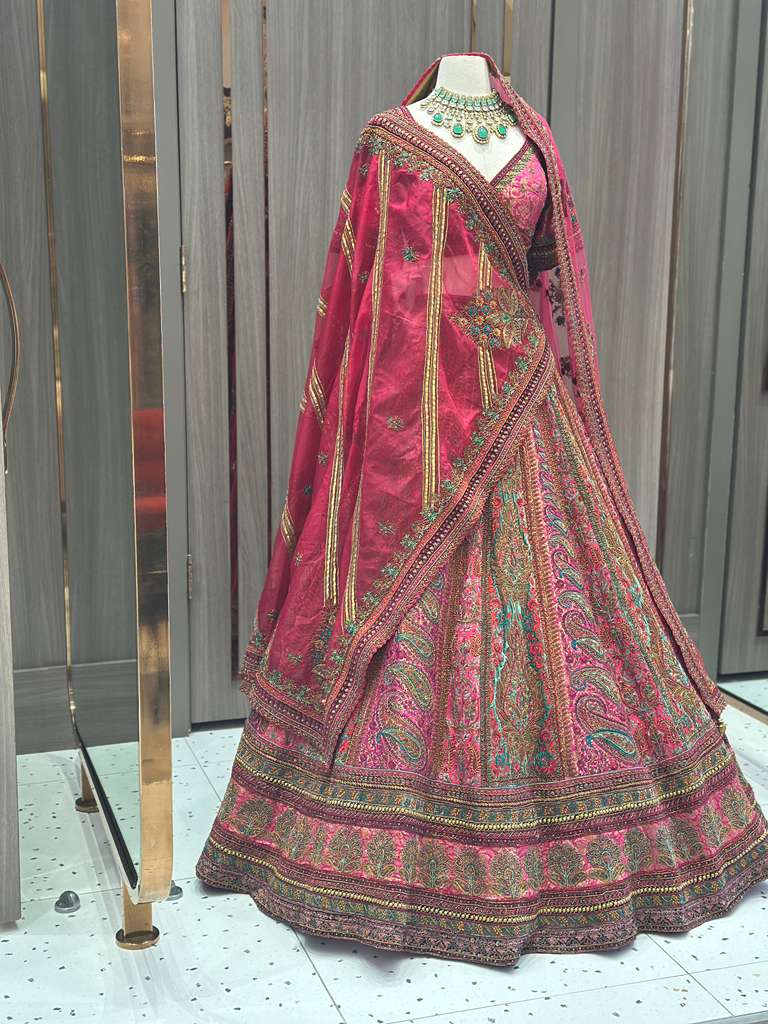 Magenta Pink Bridal Lehenga with Multicolor Embroidered Borders and Dupatta