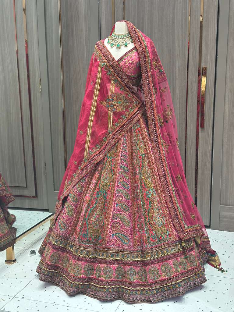 Magenta Pink Bridal Lehenga with Multicolor Embroidered Borders and Dupatta