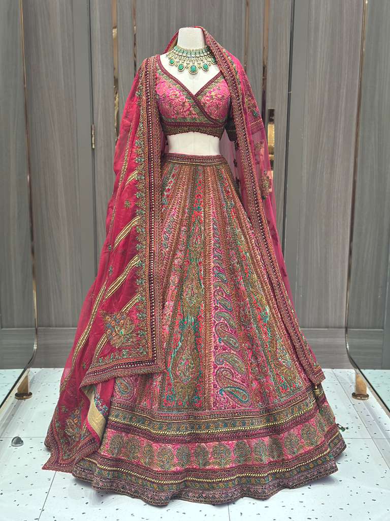 Magenta Pink Bridal Lehenga with Multicolor Embroidered Borders and Dupatta