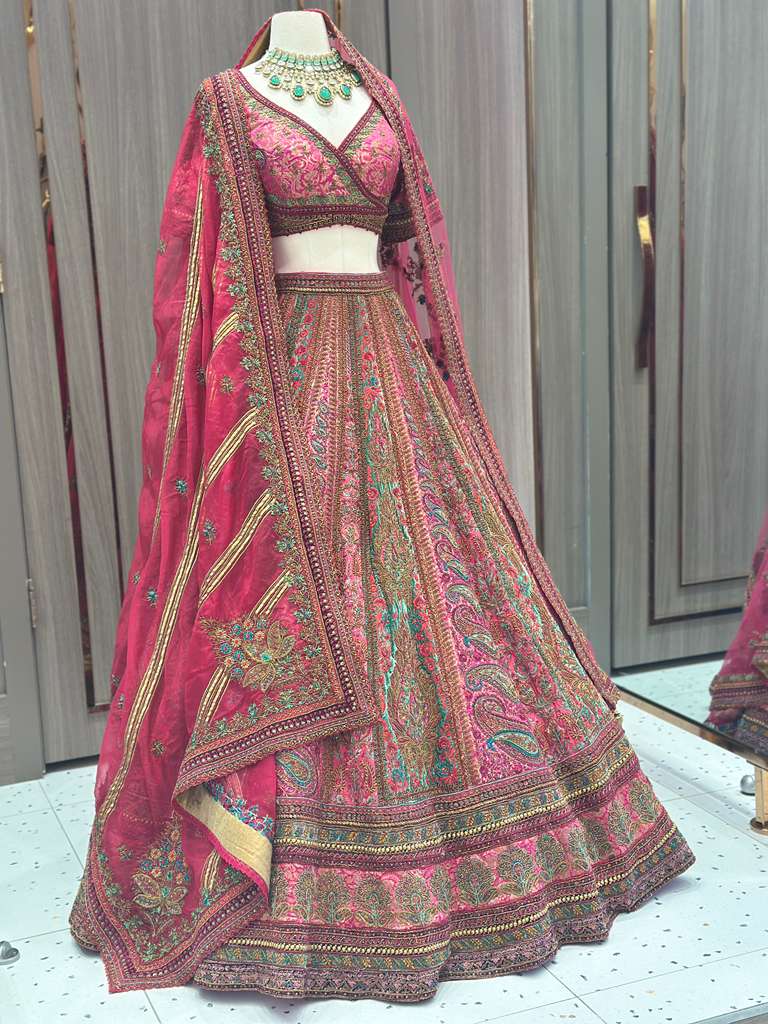 Magenta Pink Bridal Lehenga with Multicolor Embroidered Borders and Dupatta
