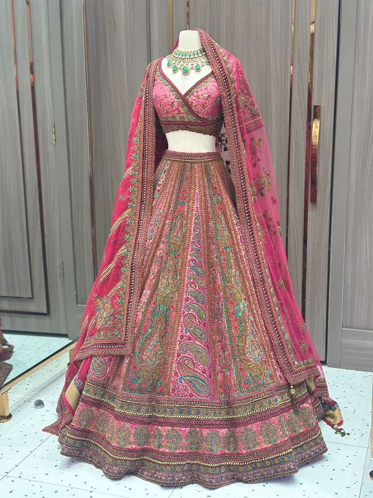 Magenta Pink Bridal Lehenga with Multicolor Embroidered Borders and Dupatta