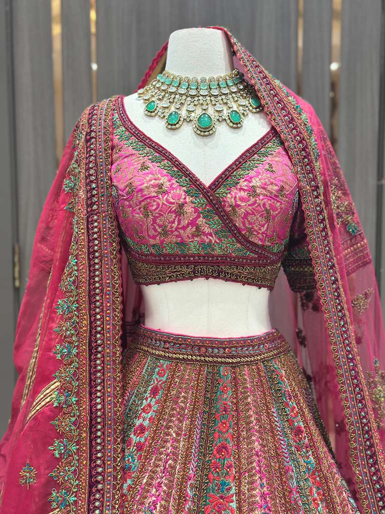 Magenta Pink Bridal Lehenga with Multicolor Embroidered Borders and Dupatta