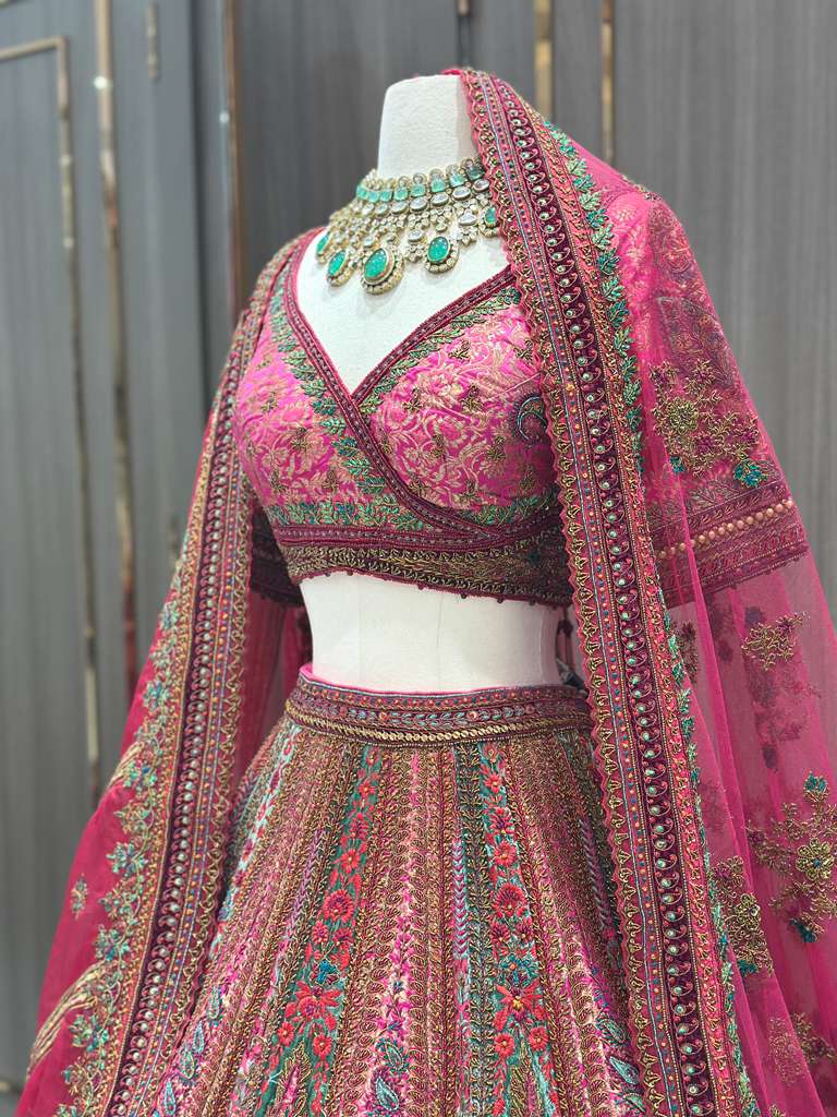 Magenta Pink Bridal Lehenga with Multicolor Embroidered Borders and Dupatta