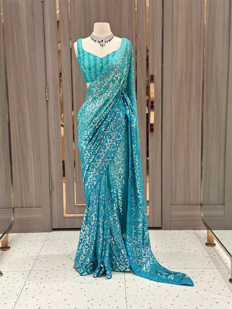 Aqua Blue Sequin Saree with Stripe Work and Sleeveless Blouse