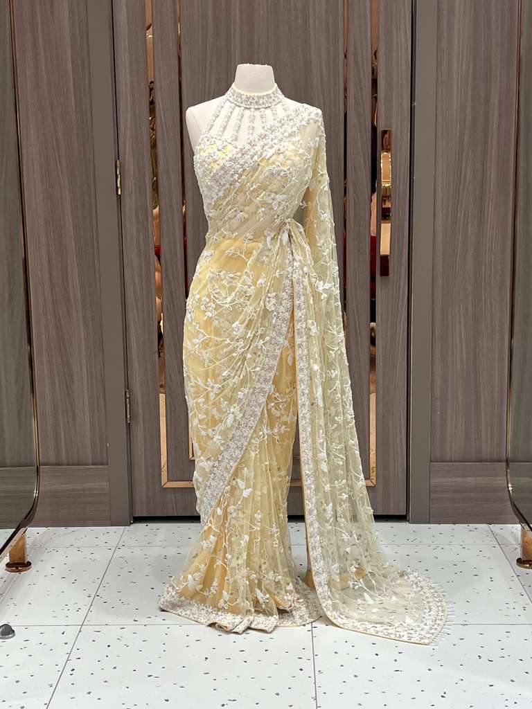 Pale Yellow Sequin Saree with Embroidered Blouse for Brides