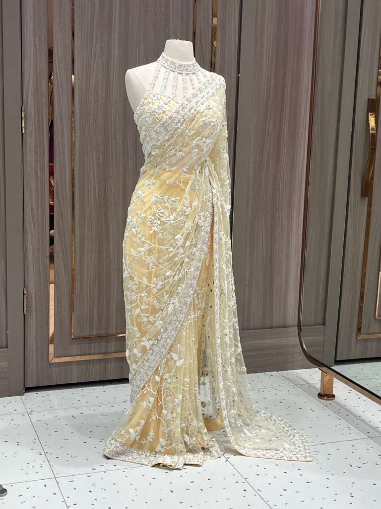 Pale Yellow Sequin Saree with Embroidered Blouse for Brides