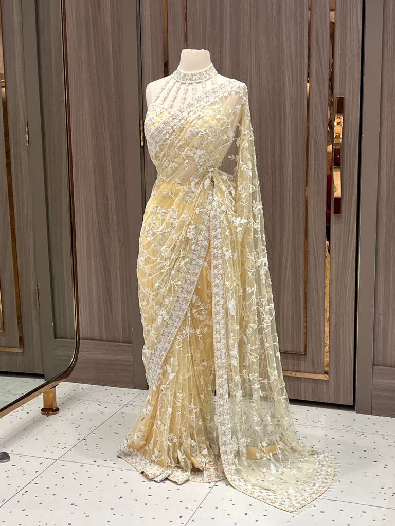 Pale Yellow Sequin Saree with Embroidered Blouse for Brides